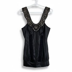 Dia & Co | Black Long Sleeveless Top with Silver Beads Embellished Neckline